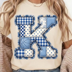 Patchwork PNG | Two Faux Embroidery Fringe Alphabet K | Kentucky Blue Quilted Letter | Digital Download for Shirts I Wildcats T-Shirt