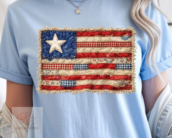 Quilted American Flag PNG | Frayed Patchwork USA Flag Design | Vintage Americana Quilt Graphic | Patriotic Shirt PNG | 4th of July