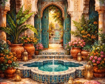 Impression d'art mural café marocain, peinture bohème de cour de riad, déco de café cosy, oeuvre d'art arche méditerranéenne, art mural imprimable