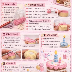Puede incluir: Un patrón de ganchillo paso a paso para un peluche de pastel de cumpleaños. Las instrucciones incluyen materiales, base de pastel, glaseado y detalles de velas. El pastel terminado es marrón, rosa y amarillo, con el número 5 y una etiqueta "Make a Wish".
