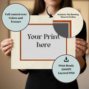 Puede incluir: Una impresión enmarcada con un interior blanco, un borde marrón y un passe-partout color crema. El texto "Your Print here" está centrado. El texto adicional incluye "Full control over Colors and Texture" y "Print Ready 300DPI Layered PSD."