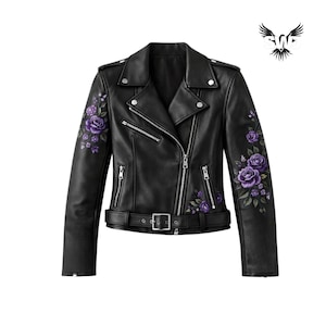 May include: Black leather jacket with purple rose embroidery. The jacket has a classic biker design with a notched collar, an asymmetrical zip, and a waist belt. The jacket features silver hardware. The jacket's length is approximately 60 cm.