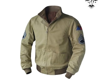 Khaki Military Bomber Jacket | Vintage Army Style with Patches