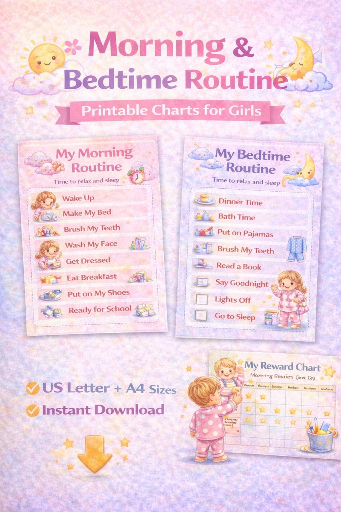 Morning & Bedtime Routine Chart for Girls | Printable Daily Routine ...