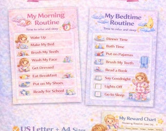 May include: Printable morning and bedtime routine charts for girls. The charts include illustrations of daily activities like brushing teeth and getting dressed. The image also includes a reward chart and the text "US Letter + A4 Sizes" and "Instant Download."
