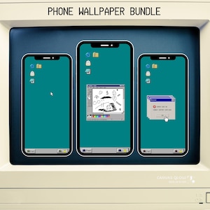 Op de afbeelding: Een retro-thema telefoon wallpaper bundel weergegeven op drie smartphones. De telefoons hebben een teal achtergrond met klassieke Windows-pictogrammen en een tekening in een venster. De tekst "PHONE WALLPAPER BUNDLE" staat bovenaan.