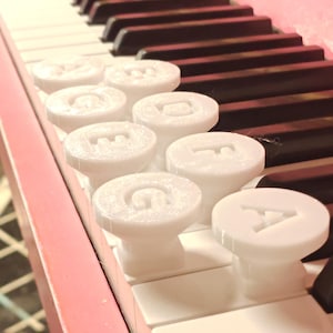 May include: A set of white, circular plastic piano key markers, each featuring a raised letter, positioned on the white keys of a piano. The markers display letters including E, G, A, and F, designed to sit atop the keys for musical note identification.