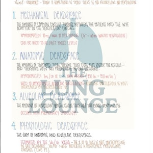Könnte beinhalten: Ein handgeschriebenes Lehrdiagramm auf weißem Papier, das die 'Totraumventilation' mit nummerierten Abschnitten und Erklärungen detailliert. Der Text ist in verschiedenen Farben, darunter Blau, Rosa und Grün, mit einer stilisierten Lungengrafik.