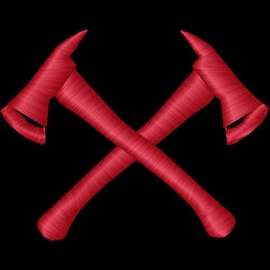 May include: A red embroidered design featuring two crossed fire axes. The axes are rendered with a dense, textured stitch pattern that creates a visible thread effect, showing the blades pointing outward against a solid black background.