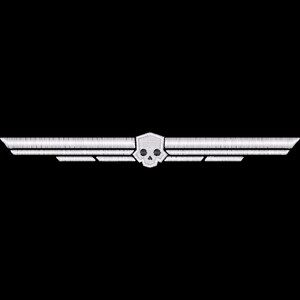 May include: A white embroidered patch featuring a central skull icon flanked by symmetrical, elongated horizontal wings. The design is rendered in a dense, textured stitch pattern against a solid black background, creating a sharp contrast.