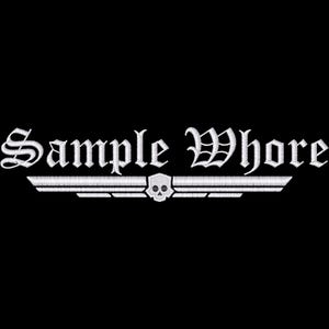 May include: A white embroidered design on a black background featuring the text Sample Whore in a gothic font style. Below the text is a horizontal bar element with a central skull icon, all rendered in a clean, stitched embroidery texture.