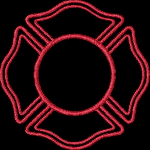 May include: A red embroidered Maltese cross emblem featuring a central circular shape with double-lined borders. The design is stitched with a dense thread texture against a solid black background, creating a clear and symmetrical graphic symbol.