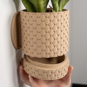 May include: A beige wall-mounted cylindrical planter featuring a textured basket-weave pattern on the exterior. The planter consists of a main body holding a green plant and a detachable circular base piece held separately below the main unit.