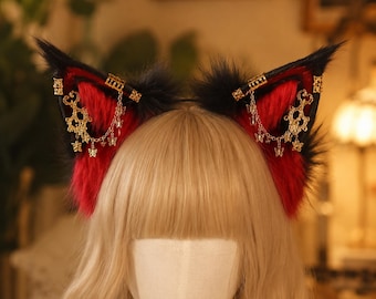 Black Red Faux Fur Cat Ear Headband, Ornate Gold Chain Butterfly Neko Ears, Furry Cosplay Luxury Filigree Ears, Dark Wolf Kitsune Headband