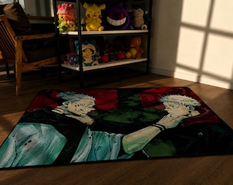Sukuna vs Itadori Jujutsu Kaisen Tufted Teppich, JJK King of Curses Anime Teppich, Schiffskonfrontation Spielzimmerdekoration, dunkles JJK Schlafzimmermattengeschenk