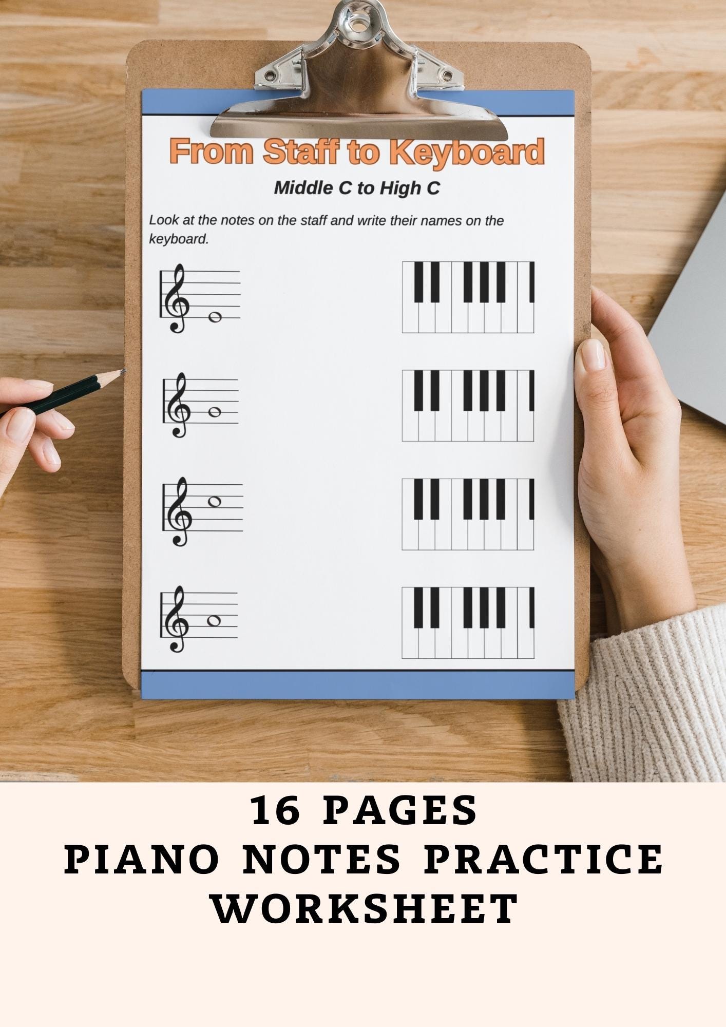 Music Notes Worksheet | Treble & Bass Clef | Piano Note Practice – 16 ...