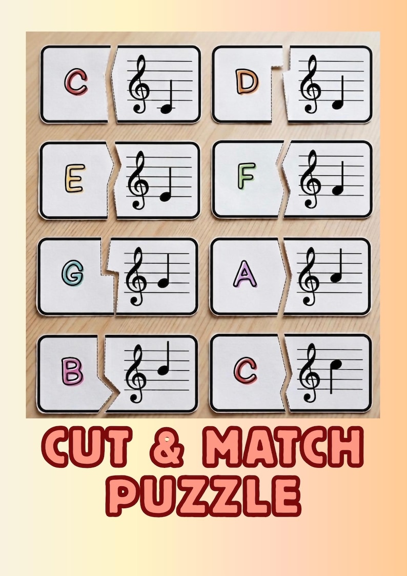 May include: A musical puzzle with white rectangular pieces featuring letters and musical notes. The puzzle pieces are designed to be cut and matched. The text "CUT & MATCH PUZZLE" is displayed in red letters at the bottom.