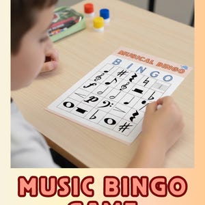 May include: A child is playing a music bingo game. The bingo card features musical notes and symbols. The words "MUSICAL BINGO" and "MUSIC BINGO GAME" are printed on the card. Colorful markers are on the table.