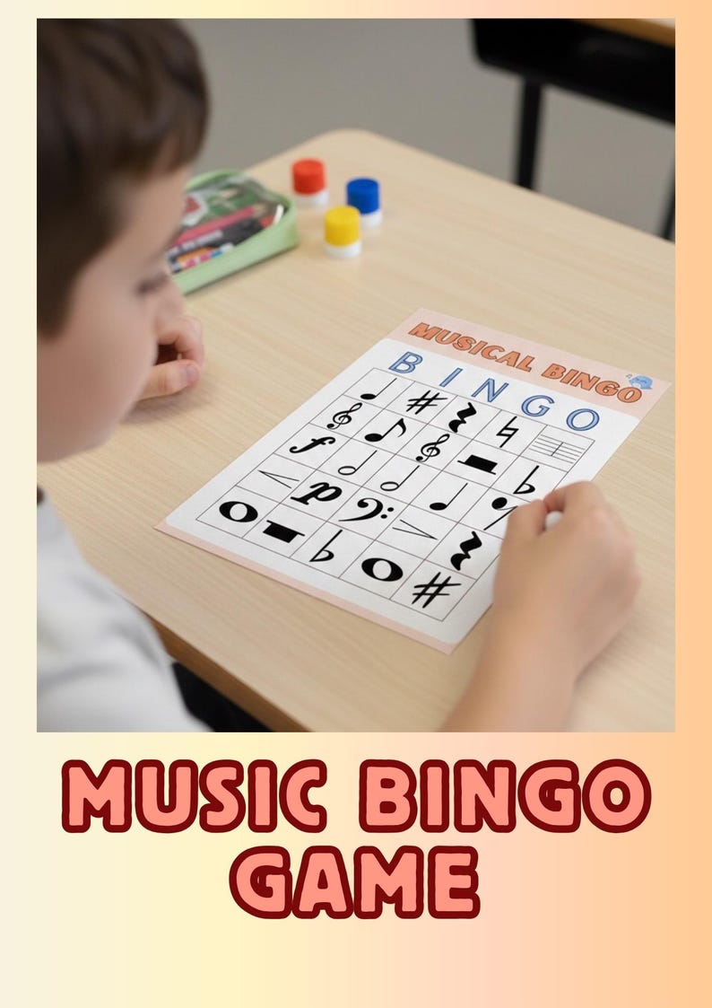 May include: A child is playing a music bingo game. The bingo card features musical notes and symbols. The words "MUSICAL BINGO" and "MUSIC BINGO GAME" are printed on the card. Colorful markers are on the table.