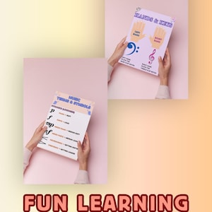 May include: Two educational pages on a pink background. One page titled "Hands & Keys" shows hand outlines and musical symbols. The other page, "Music Terms & Symbols," lists dynamics. The phrase "FUN LEARNING PAGES" is at the bottom.