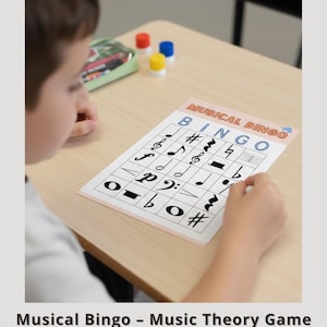 May include: A Musical Bingo game card with musical symbols and the word "BINGO" at the top. The card is on a light-colored wooden desk. The game is designed for music theory education.