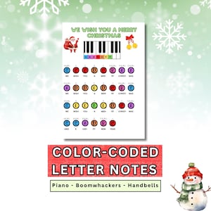 Puede incluir: Una hoja de notación musical codificada por colores para We Wish You A Merry Christmas con un diagrama de teclado de piano, Santa Claus y campanas doradas. La hoja muestra letras emparejadas con círculos de colores que contienen letras para piano.