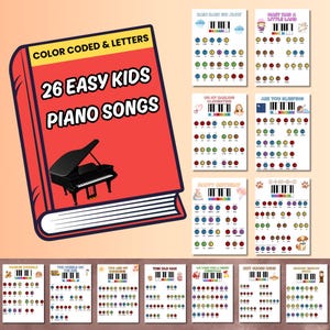 May include: A red book cover titled 26 EASY KIDS PIANO SONGS with a black piano illustration, accompanied by multiple white instructional sheets featuring colour-coded piano keys, musical notes, and song titles for children's music learning.