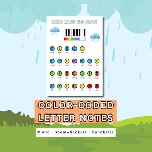 Op de afbeelding: Een wit muziekblad met de titel Rain Rain Go Away met een pianotoetsenborddiagram met kleurgecodeerde toetsen. Hieronder staan songteksten met bijbehorende gekleurde cirkels met letters voor noten, voor piano, boomwhackers en handbellen.