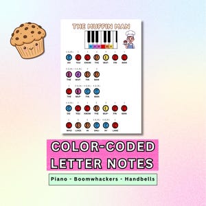 Peut inclure: Une partition codée par couleur pour The Muffin Man avec un diagramme de clavier de piano, un boulanger en dessin animé et des paroles avec des cercles colorés contenant des lettres. Une bannière rose indique COLOR-CODED LETTER NOTES en dessous.