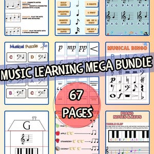 May include: A colorful educational poster titled "MUSIC LEARNING MEGA BUNDLE" with 67 pages. It includes music terms, note values, musical puzzles, bingo, and piano notes. The poster features musical notation, diagrams, and fruit-themed note examples.