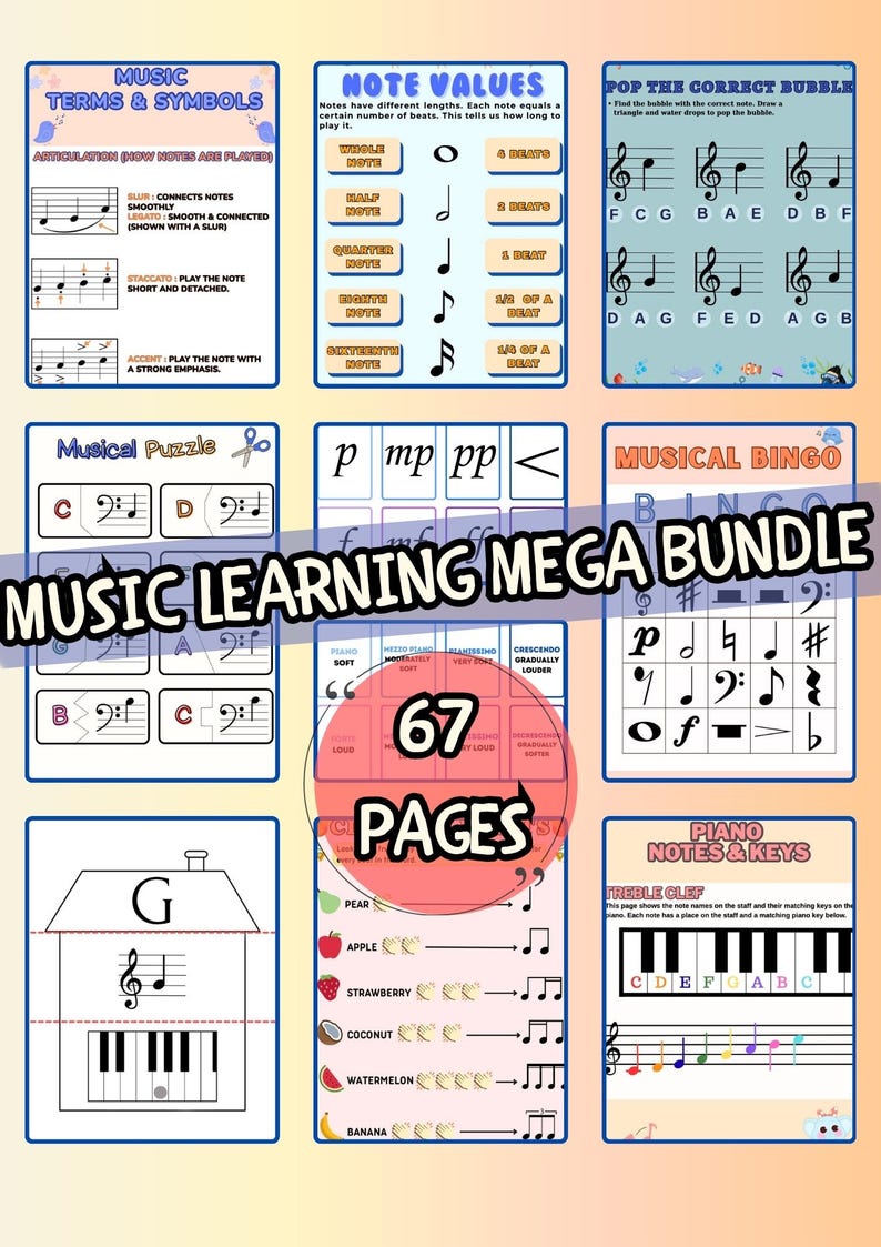 May include: A colorful educational poster titled "MUSIC LEARNING MEGA BUNDLE" with 67 pages. It includes music terms, note values, musical puzzles, bingo, and piano notes. The poster features musical notation, diagrams, and fruit-themed note examples.