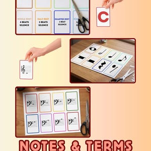 May include: Flashcards for music notes and terms. The image shows flashcards with musical notes, rests, and their corresponding beat values. The text "NOTES & TERMS FLASHCARDS" is at the bottom.