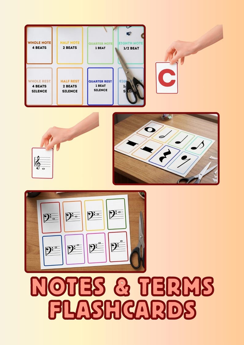 May include: Flashcards for music notes and terms. The image shows flashcards with musical notes, rests, and their corresponding beat values. The text "NOTES & TERMS FLASHCARDS" is at the bottom.