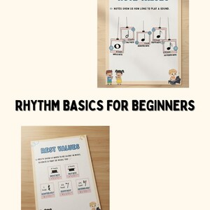 Könnte beinhalten: Zwei Lehrplakate auf einer Holzoberfläche. Das obere Plakat trägt den Titel "NOTE VALUES" und zeigt verschiedene Notenwerte. Das untere Plakat trägt den Titel "REST VALUES" und zeigt musikalische Pausen. Der Text "RHYTHM BASICS FOR BEGINNERS" steht darunter.