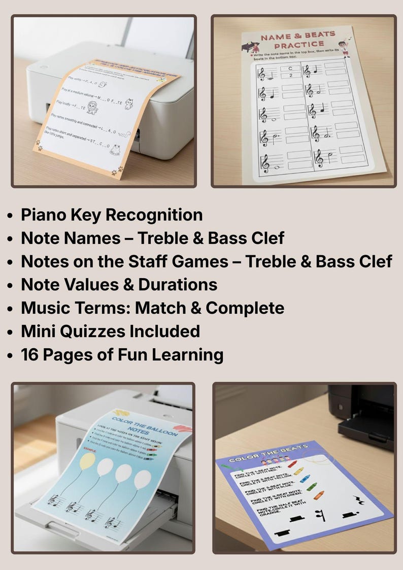 Colorful & Fun Piano Worksheets for Kids | 16 Pages Beginner Music ...