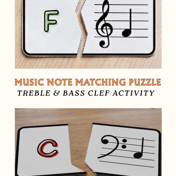 Music Note Puzzle Printable | Treble and Bass Clef Matching Activity for Kids PDF
