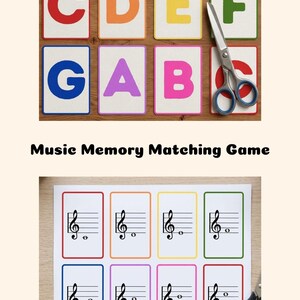 May include: A music memory matching game with colorful cards featuring letters and musical notes. The top cards display letters A through G in various colors. Scissors are placed next to the cards. The text "Music Memory Matching Game" is displayed.