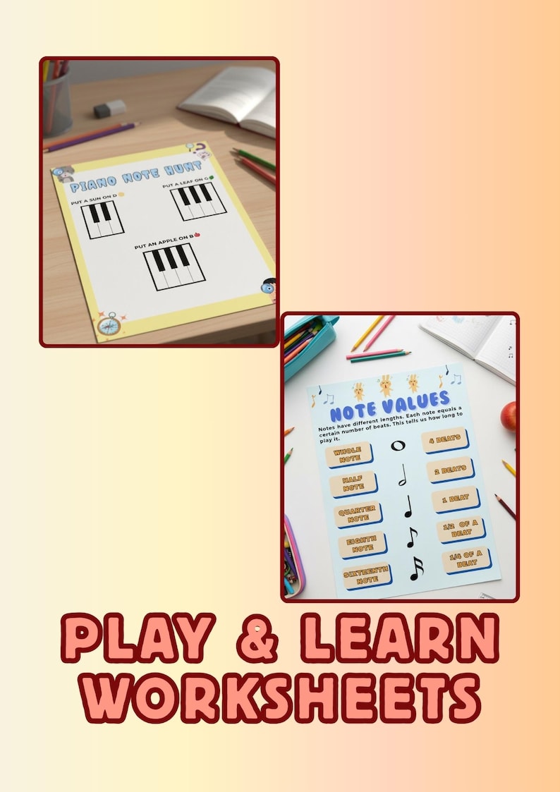 May include: Educational worksheets for learning music theory. The image shows two worksheets: one with piano keys and the text "Piano Note Hunt", and another with note values and the text "Note Values". The phrase "Play & Learn Worksheets" is also visible.