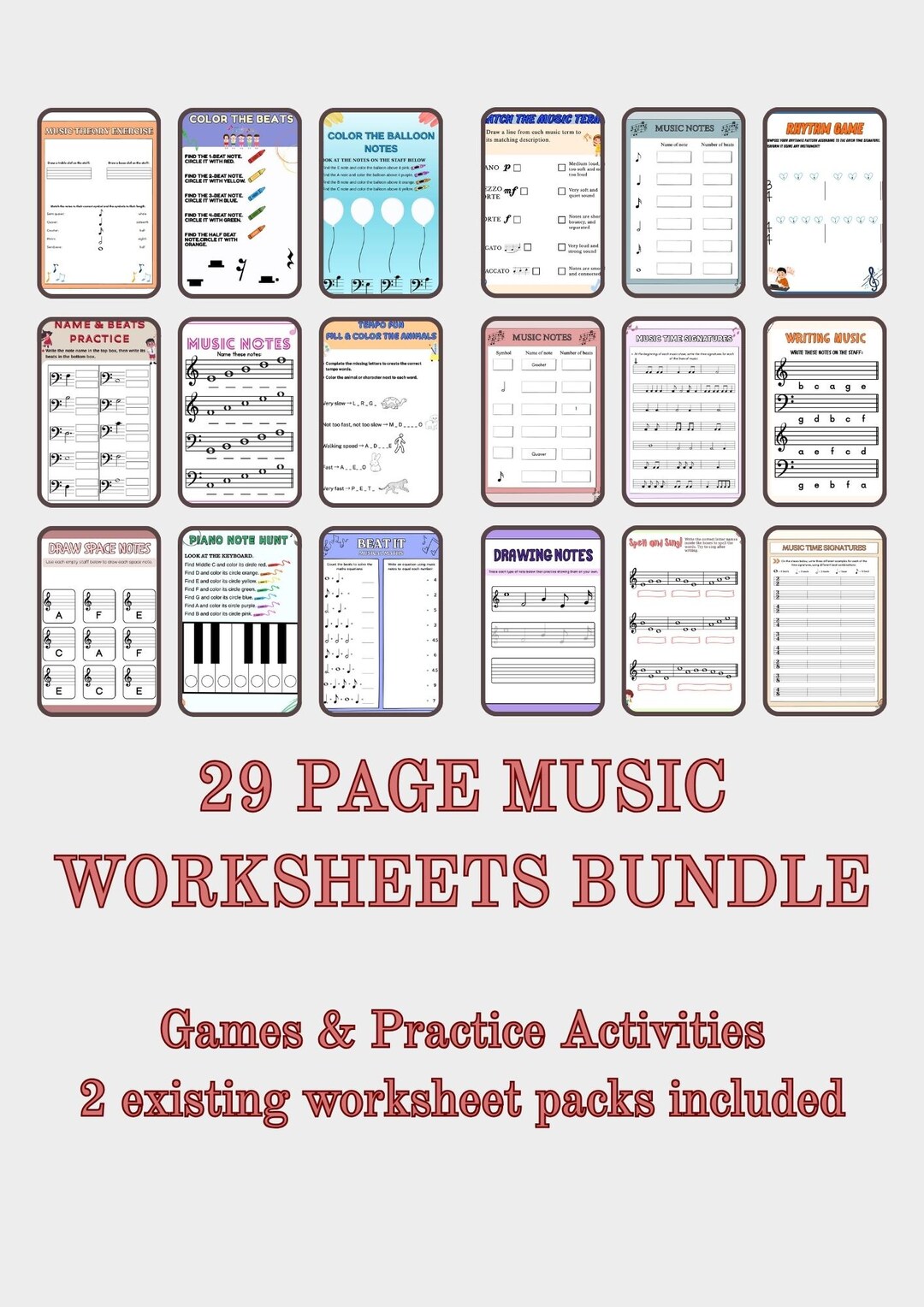 Music Theory Worksheets for Kids Bundle of 2 Packs 29 Pages Instant ...
