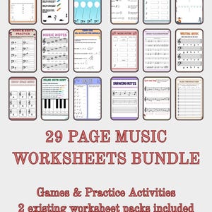 May include: A bundle of 29 music worksheets, featuring exercises on note identification, rhythm, and music theory. The worksheets include colourful illustrations and text such as "Color the Beats" and "Piano Note Hunt". Includes games and practice activities.