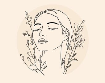 Minimalist Woman Line Art Print, Boho Botanical Decor (Digital Download)