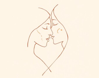 Minimalist Couple Line Art Print, Romantic Face Line Drawing, Modern Love Wall Art, Abstract Kiss Illustration, Printable Art (JPEG & PDF)