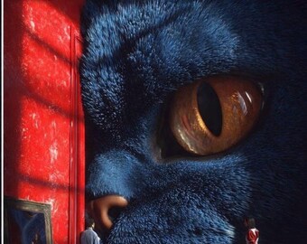 Surreal Cat Wall Art, Giant Blue Cat Fantasy Artwork, Dreamlike Dark Academia Art Print, Mystical Cat Illustration, Digital Download