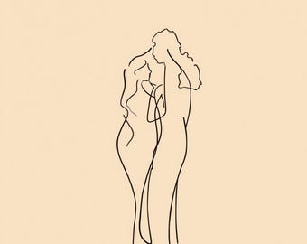 Minimalist Couple Line Art Print, Abstract Continuous Line Drawing, Neutral Boho Wall Art, Printable Digital Download