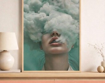 Surreal Cloud Portrait Print, Dreamy Conceptual Wall Art, Modern Feminine Art, Moody Aesthetic Digital Download