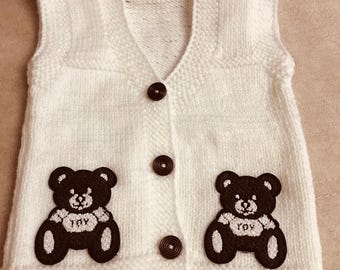 Hand Knitted Baby Vest, Teddy Bear Appliqué, Newborn Gift