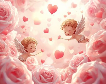 Cupid Angel Nursery Prints, Pink Rose Valentine Decor (PDF JPG Instant Download) Set of 4