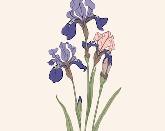 February Birth Flower Wall Art – Violet & Iris Botanical Line Art, Minimalist Boho Printable Decor, Digital Download