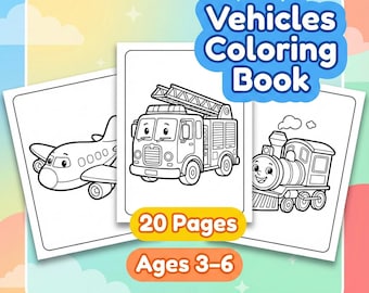 Vehicles Coloring Book for Kids, Transportation Coloring Pages, Cars Trucks Planes, Printable PDF