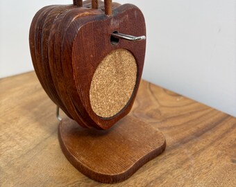 Vintage Wooden Apple Coaster Set, Hand Carved Timber Drink Coasters, Folk Art Kitchen Decor, Rustic Retro Tableware